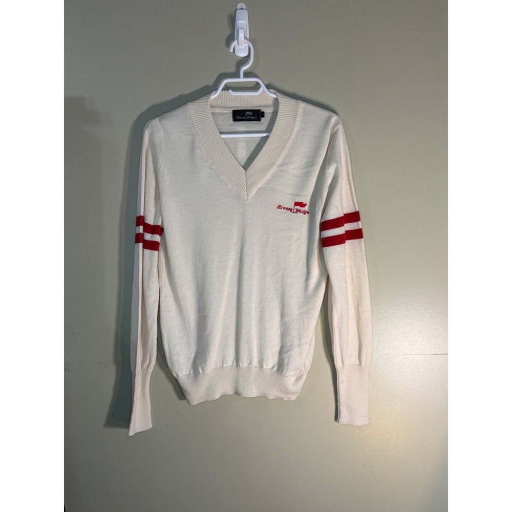 Breeze Wedge V-Neck Golf Sweater Cream Red Stripe Merino Wool Blend Mens Large